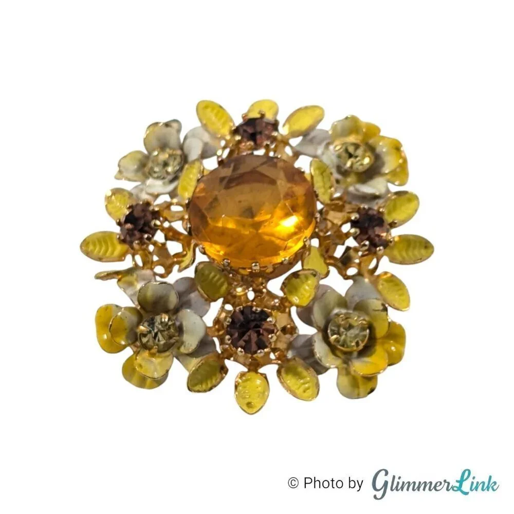 Vintage Austria Floral Yellow Enamel Orange Topaz Glass Crystal Gold Tone Brooch